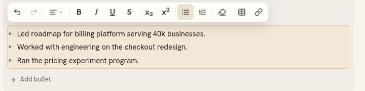 Three bullet points in a Details field, with the formatting bar above it and Add bullet below