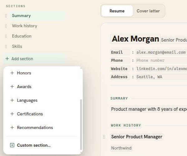 The Add a section menu, scrolled to show Honors, Awards, Languages, Certifications, Recommendations and Custom section