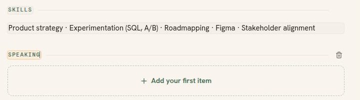 A custom section renamed to Speaking, with an empty state reading Add your first item