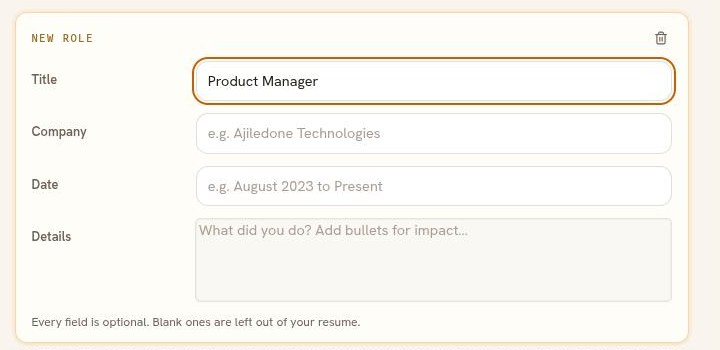 The new role form with a title filled in, the company field left blank, and a note saying every field is optional