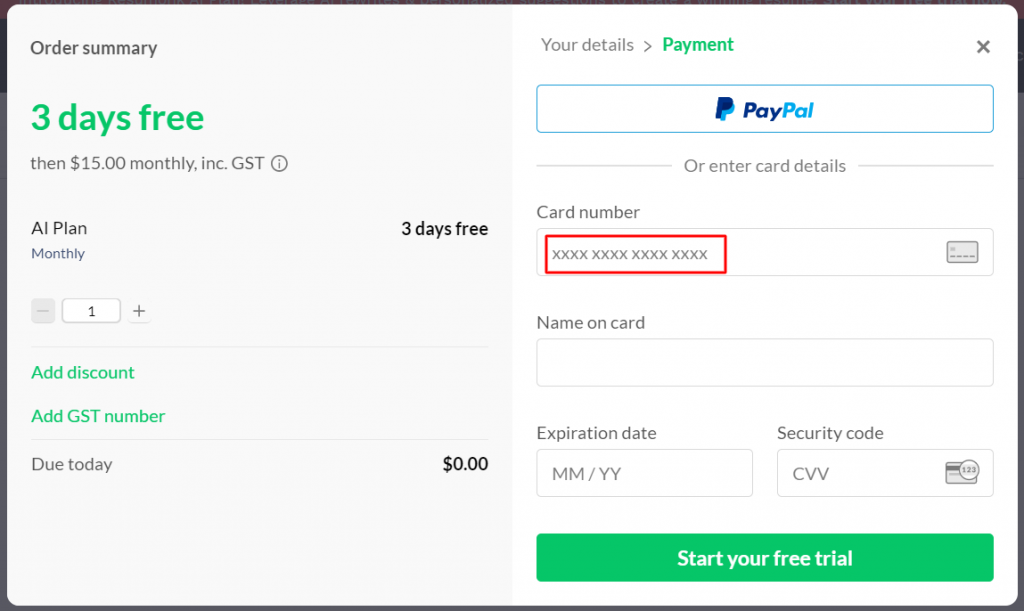 Resumonk AI Plan free trial checkout