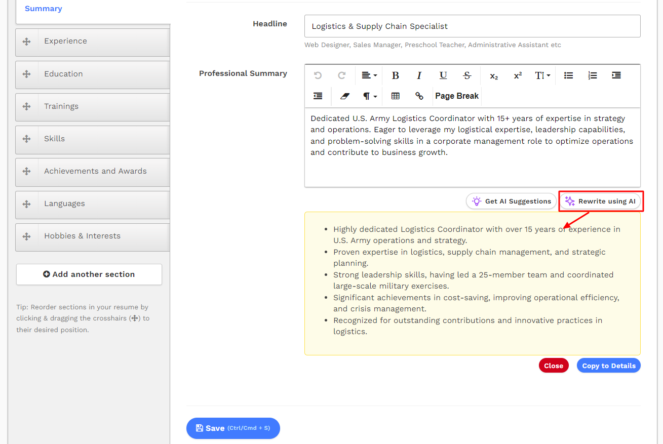 AI-rewritten entry with Copy to Details and Close buttons