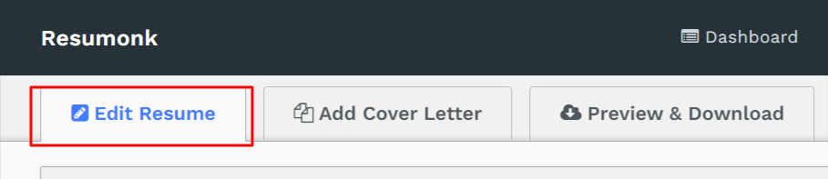 Edit Resume tab in the Resumonk editor