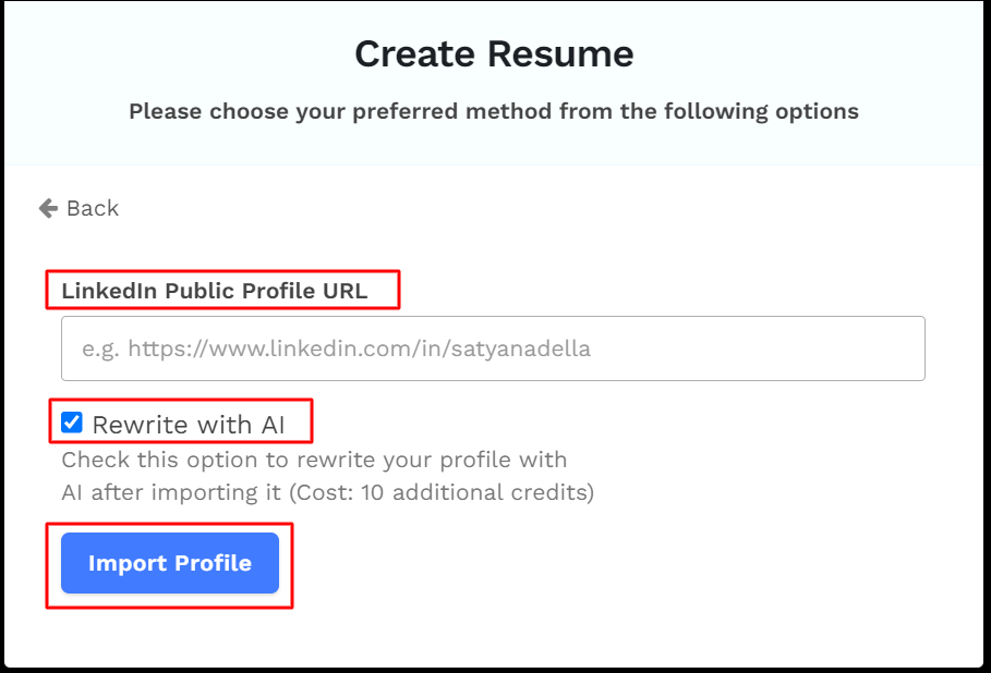 LinkedIn import form with the Rewrite with AI option checked