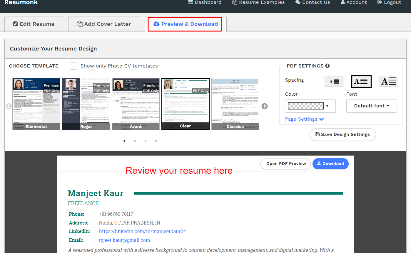 Preview and Download screen showing the finished resume