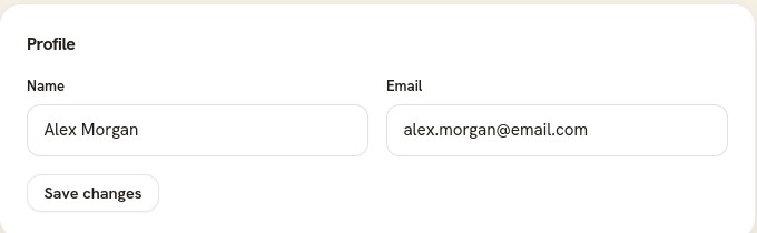 The Profile card on the account page, with Name and Email fields above a Save changes button