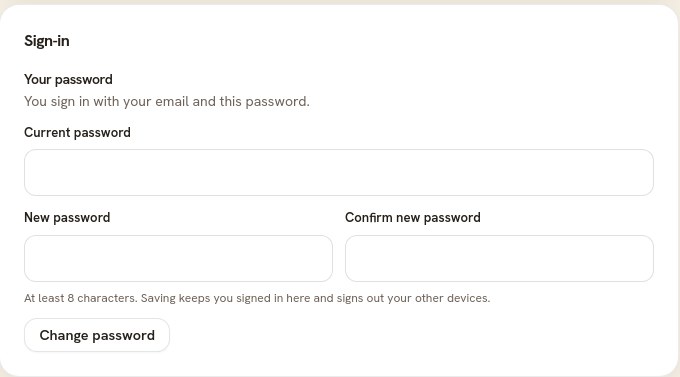 The Sign-in card, with current, new and confirm password fields and a Change password button