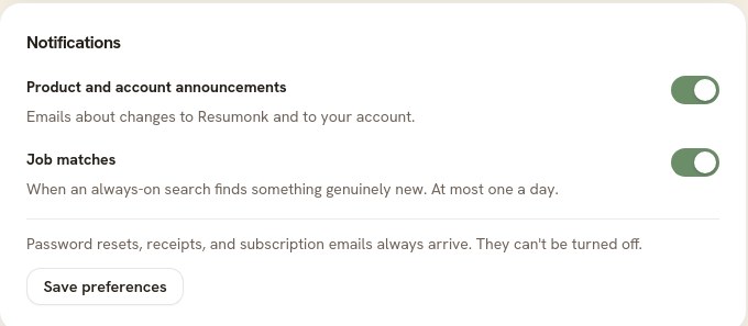 The Notifications card, with switches for product announcements and job matches