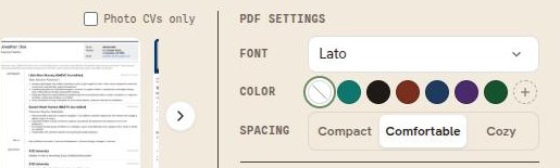The PDF settings box on the Preview and Download tab, with the Font list set to Lato