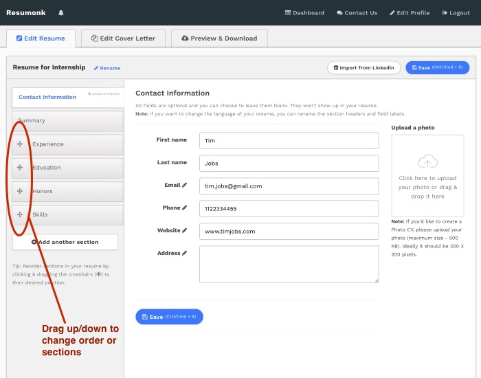 Change layout order of CV (resume) - Resumonk Online Resume Maker