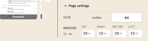 Page settings open, showing the page size buttons and the four margin lists set to 20, 15, 20 and 15 millimeters