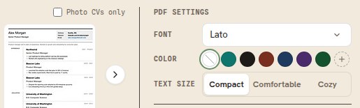 The PDF settings box with Compact selected on the Text size row