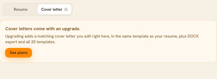 The cover letter tab on a free account, reading Cover letters come with an upgrade