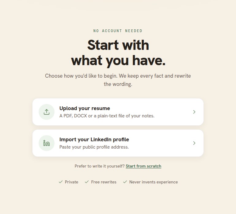 The start page, offering two choices: Upload your resume, and Import your LinkedIn profile under it