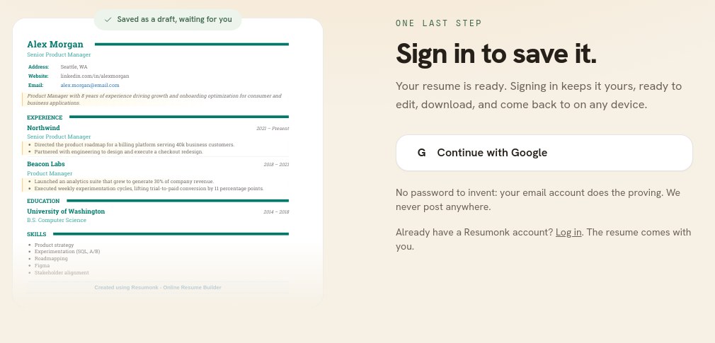 The save step, showing the finished resume marked Saved as a draft beside a Sign in to save it panel