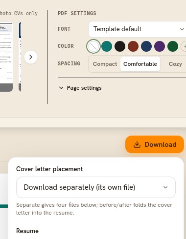 The download panel with the placement list set to download separately, and PDF and DOCX buttons for both the resume and the cover letter
