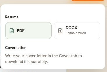 The download panel showing PDF and DOCX buttons for the resume, and a cover letter section
