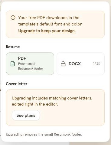 The download panel on a free account, headed by a notice that the free PDF uses the template's default font and color, above PDF marked free with a small Resumonk footer, DOCX marked Paid, and a cover letter upgrade note