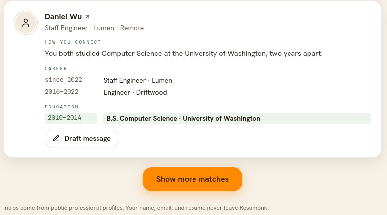 One person on the intros page, with a How you connect line naming what they share with you, their career, and a Draft message button