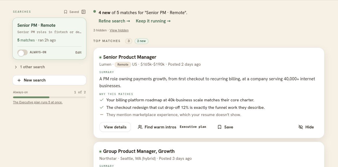 The jobs page, with a searches rail on the left and matching roles listed under Top matches