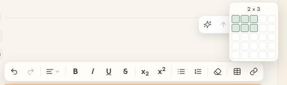 The formatting bar with its table button lit and the size grid open above it, showing a two by three selection