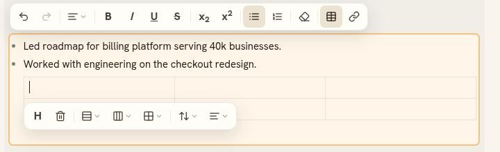 A two by three table inside a Details field, with a second toolbar under the active cell