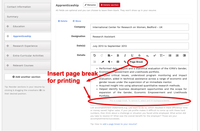 Add page break to your PDF resume - Resumonk Online Resume Maker