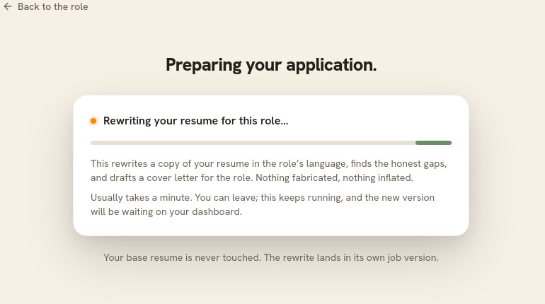 The preparing screen, explaining that it rewrites a copy of your resume, finds the gaps and drafts a cover letter