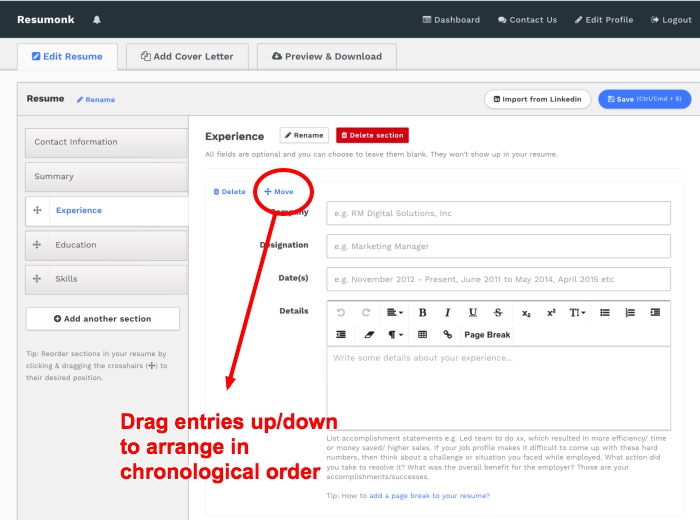 Arrange resume entries in chronological order - Resumonk Online Resume Maker