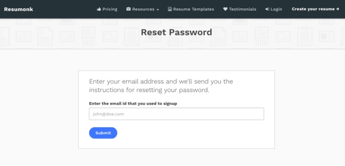 Reset password - Forgot password - Cannot access resume - Resumonk Online Resume Maker