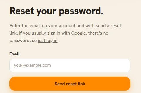 The reset your password page, with an email field and a Send reset link button