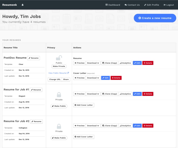 Manage CVs and Resumes - Resumonk Online Resume Maker