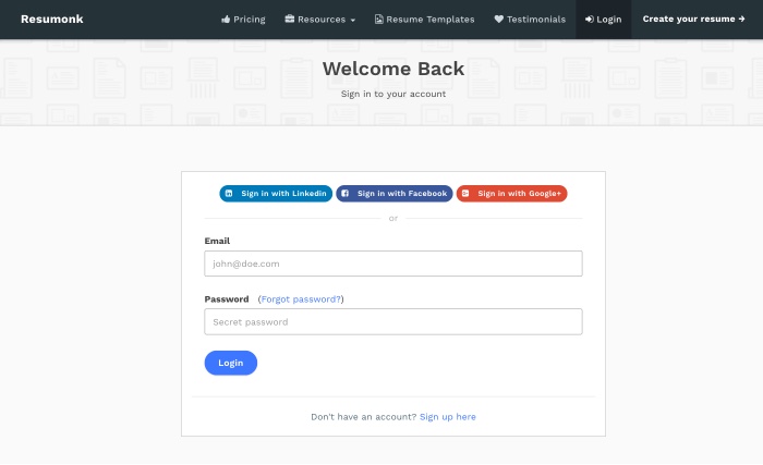 Resumonk Login - Resumonk Online Resume Maker