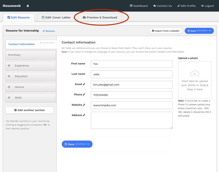 Resume Preview - Resumonk Online Resume Maker