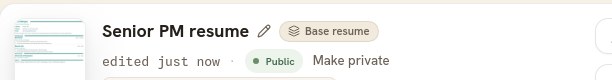 A resume card's sharing line showing a Public badge beside a Make private link