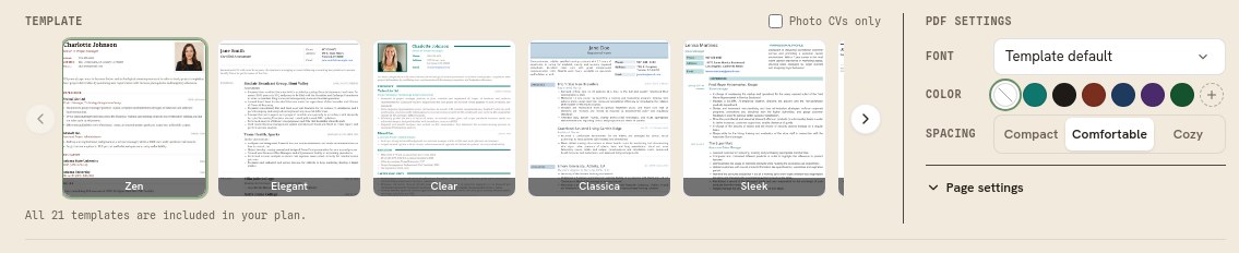 The Preview and Download design bar: the template strip with Zen selected, arrows to page through the rest, and the PDF settings box on the right