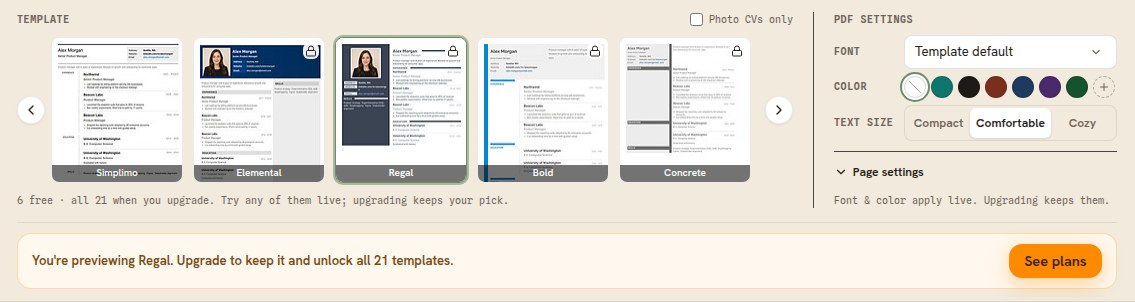 A free account previewing the Regal template: lock badges on the premium tiles, a note reading 6 free, all 21 when you upgrade, and a bar reading You are previewing Regal