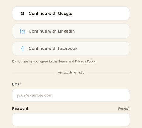 The log-in page, with Continue with Google above dimmed LinkedIn and Facebook buttons, and an email and password form below