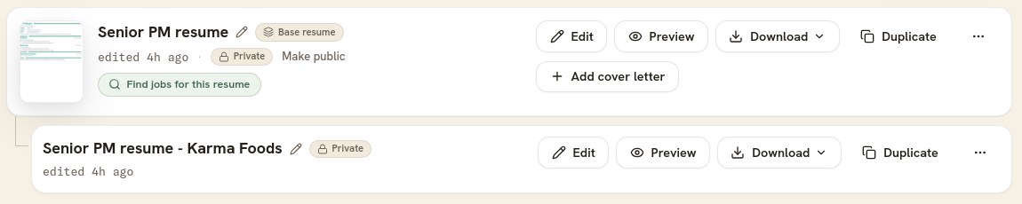 The Your resumes page showing a base resume with a job version named after a company nested beneath it
