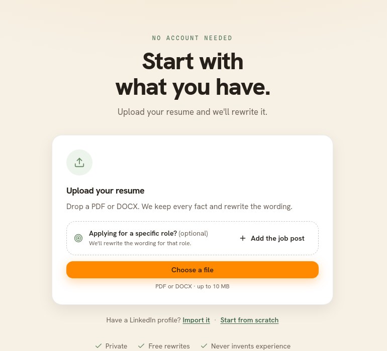 The start page upload card, reading Drop a PDF or DOCX, above links to import a LinkedIn profile or start from scratch