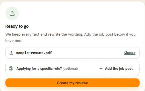 The upload card after a file is chosen, reading Ready to go with the file name and a Create my resume button