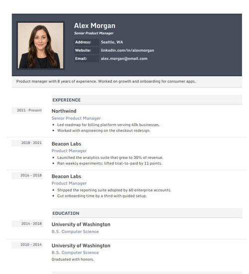 Photo resume template and format: Avant