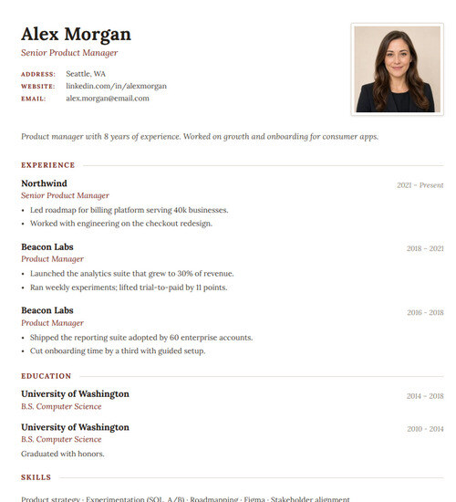 Photo resume template and format: Zen