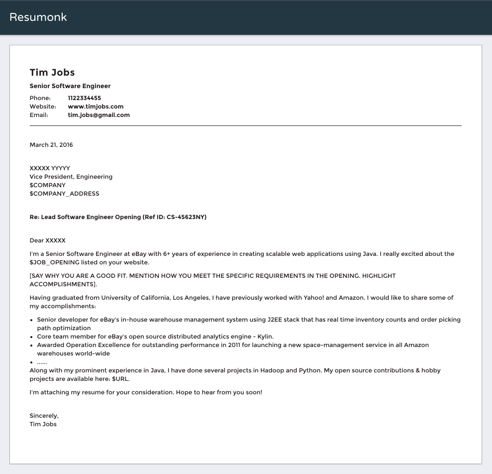 Cover letter examples senior software engineer